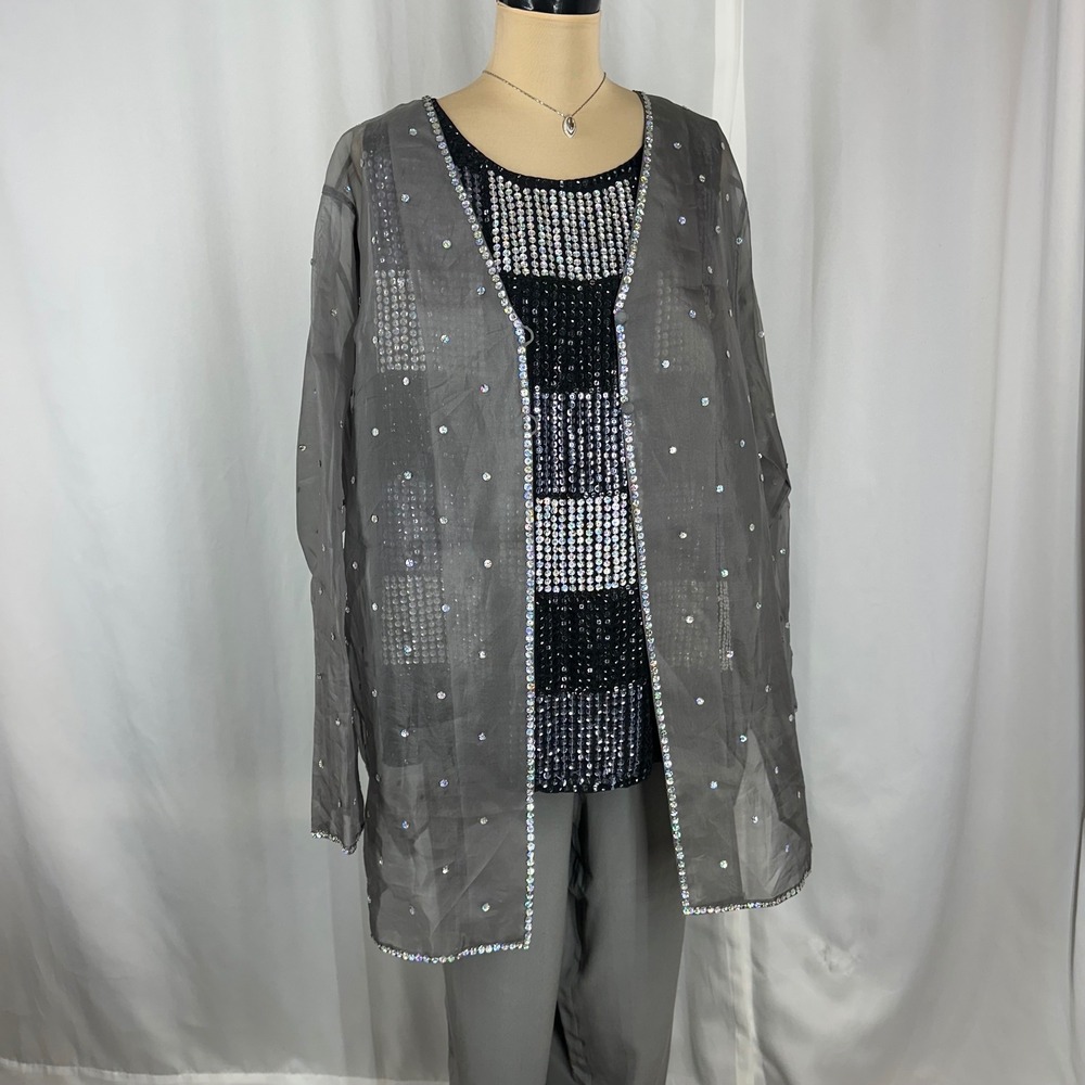 Diane Gilman 1X 3 Piece Silk‎ Pants Set Sequin Rhinestone Gray NWT